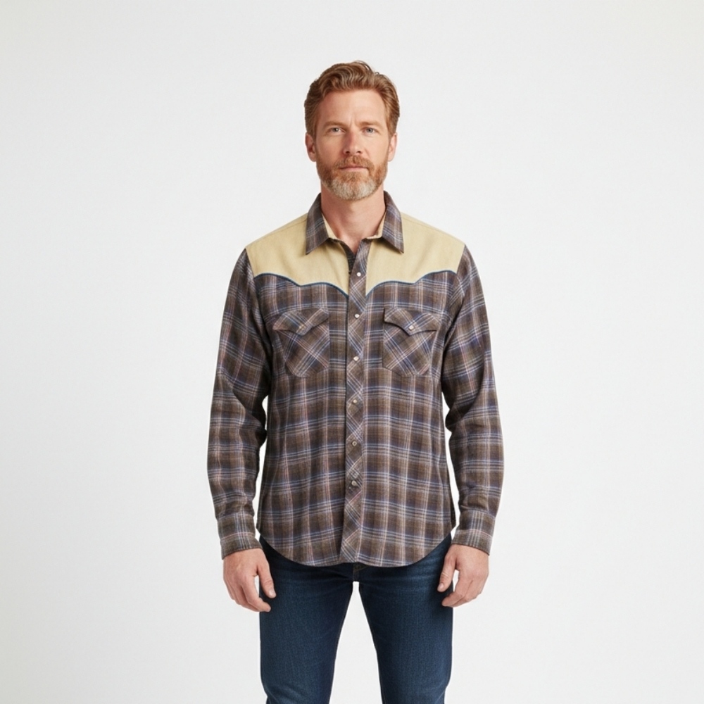 Vintage Karman Western Shirt Men's 17 34 Brown Plaid Pearl Snap Made USA 80s